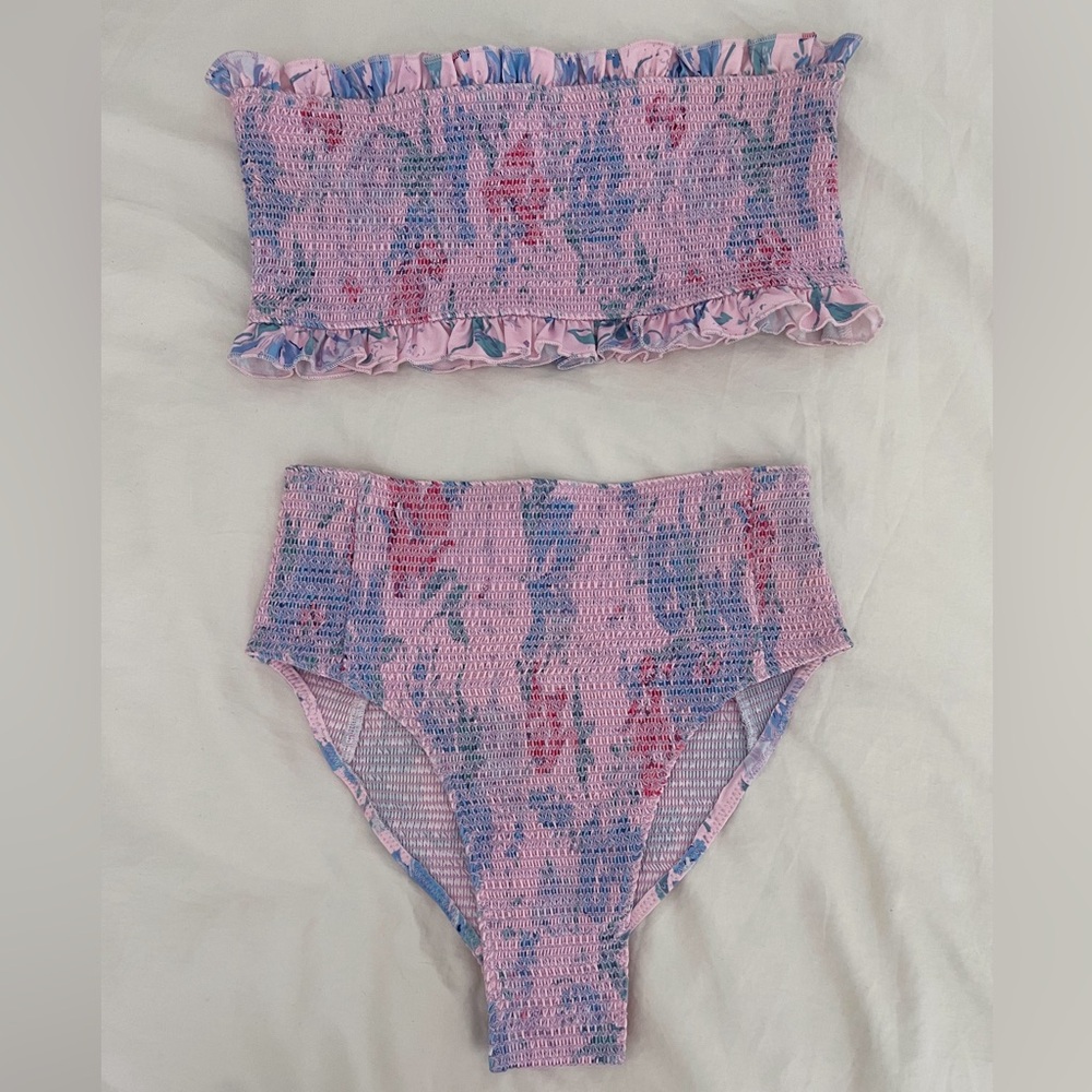 LoveShackFancy pink floral smocked bandeau bikini XS - small